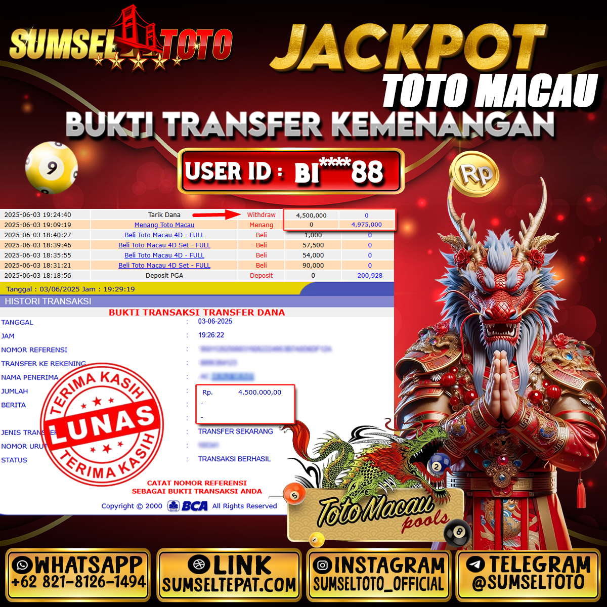 SUMSELTOTO JACKPOT TOTOMACAU POOLS 2 Rp.4,975,000.,- LUNAS